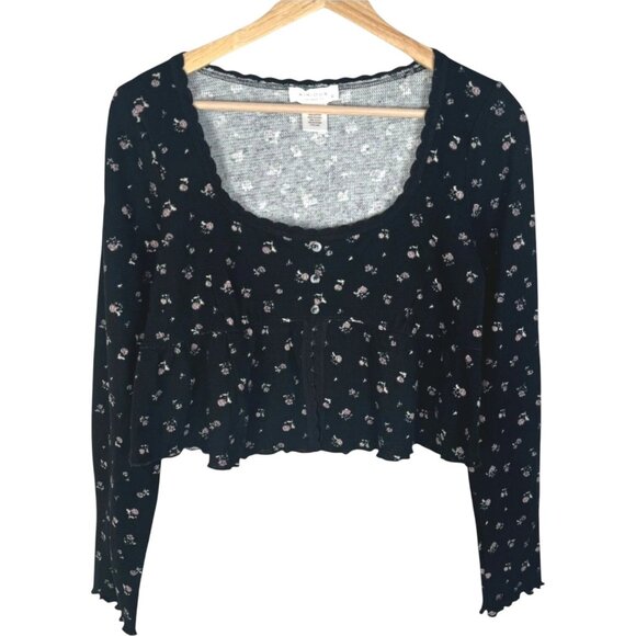 NWT Kirious Long Sleeve Thermal Crop Top M Floral Baby Doll Knit Crochet Trim - Picture 2 of 7